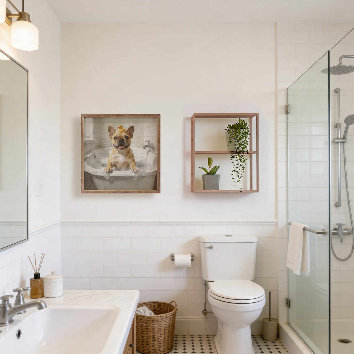 Walnut picture frame featuring a French Bulldog illustration, designed for bath time-themed decor, by Kendrick Home.