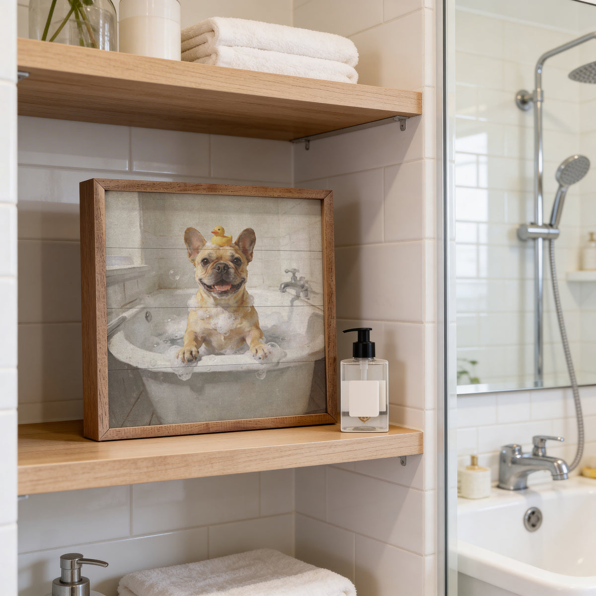 Framed print of a French Bulldog with bath accessories, displayed in walnut frame, by Kendrick Home.