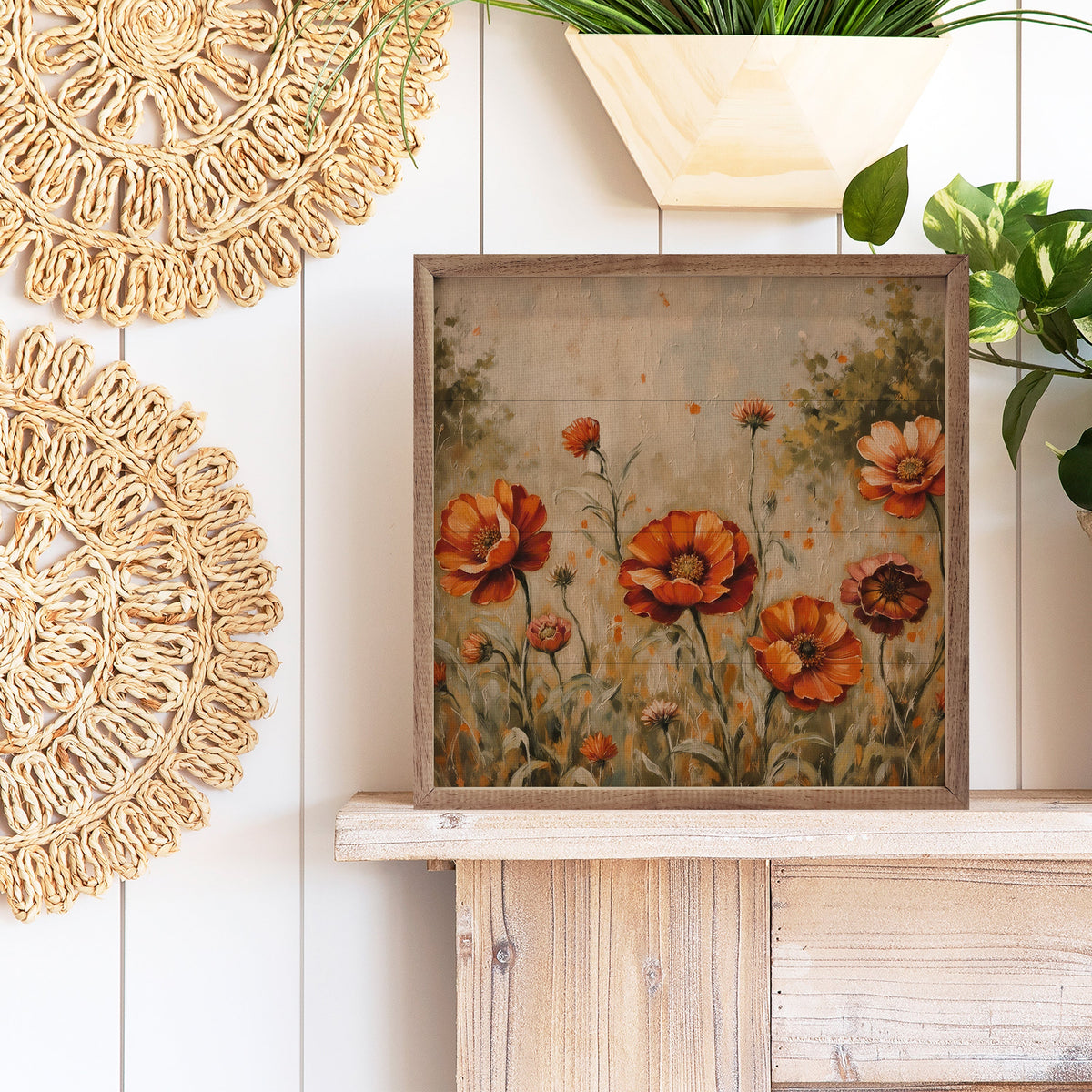 Walnut frame with a 16x16 image of orange flowers in a grassy field, designed by Kendrick Home.