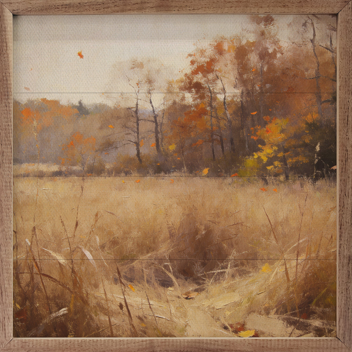 Walnut picture frame displaying art titled Quiet Autumn Meadow, 16x16 inches, by Kendrick Home with warm autumn colors.