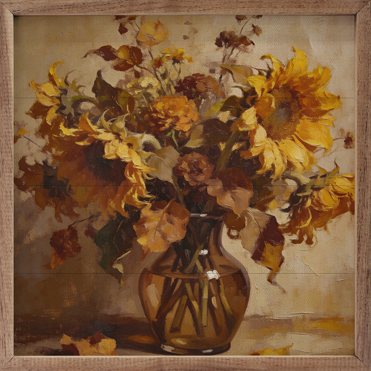 Walnut frame showcasing a sunflower harvest bouquet with vibrant yellow sunflowers and greenery, designed by Kendrick Home.