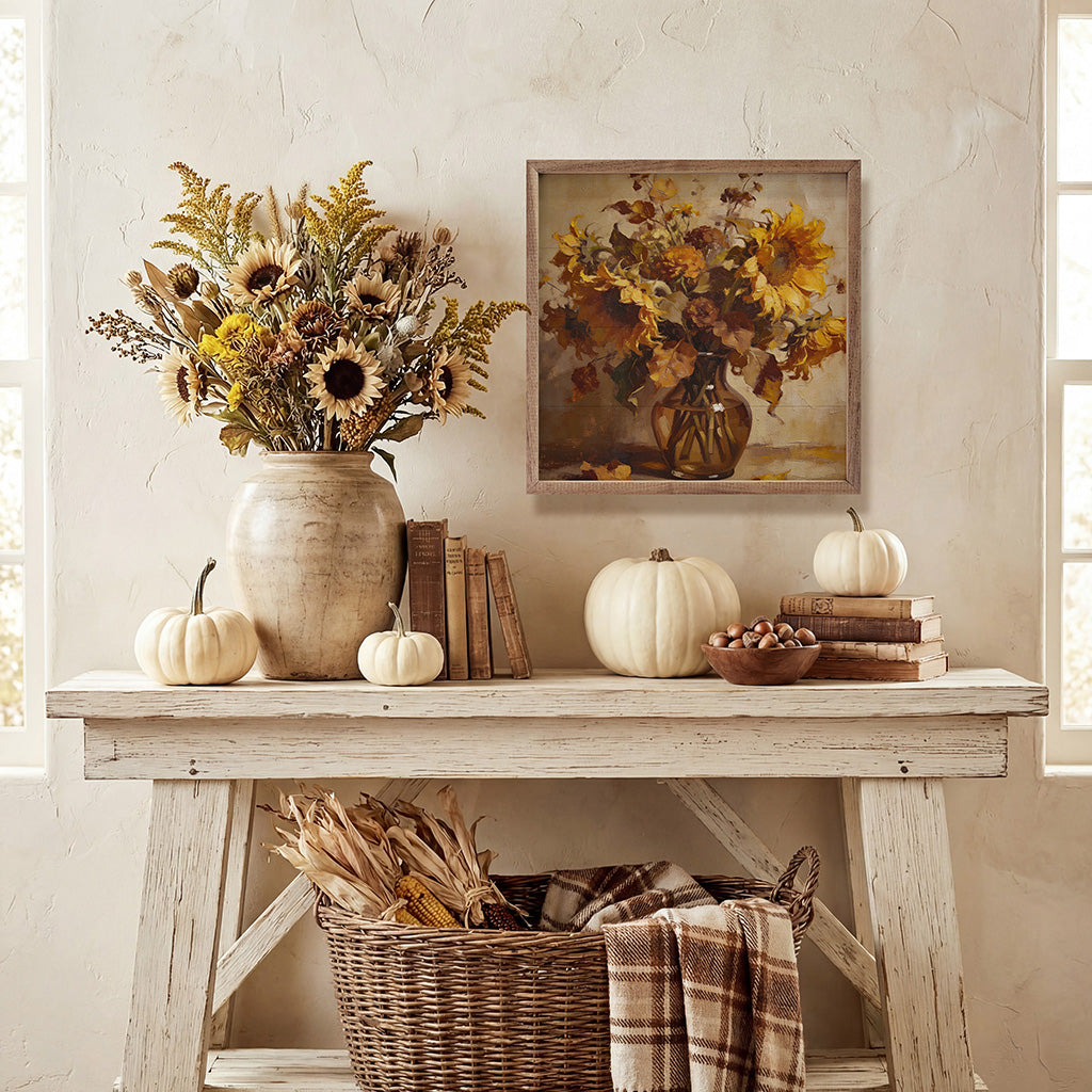 Walnut frame with a sunflower harvest bouquet featuring vibrant yellow sunflowers and greenery in a natural home decor setting.