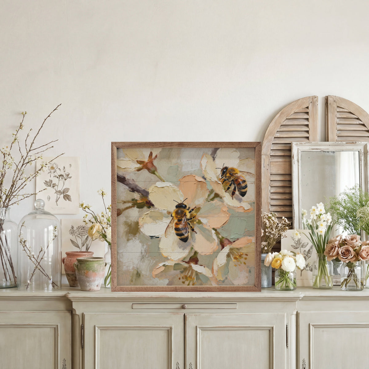 Walnut picture frame featuring a "Two Busy Bees" design by Kendrick Home, 16x16 inches, with detailed bee illustrations.