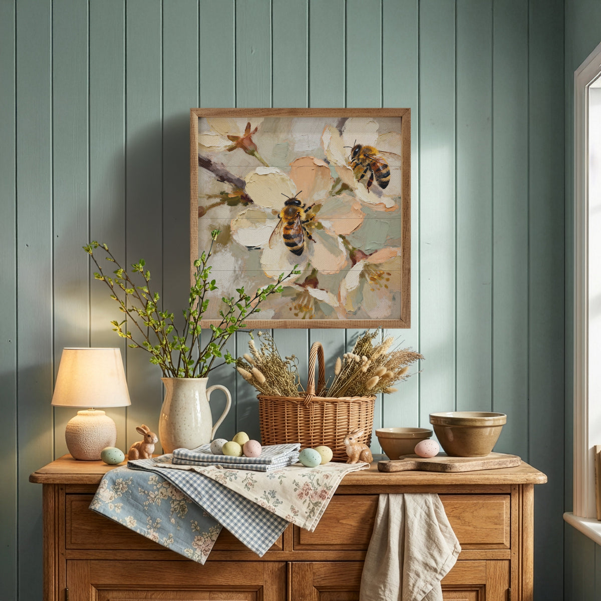 Two Busy Bees artwork in walnut frame by Kendrick Home, displayed in a 16x16 inch size, with detailed bee illustrations.
