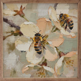 Walnut frame with Two Busy Bees artwork by Kendrick Home, measuring 16x16 inches, featuring colorful bee illustrations.