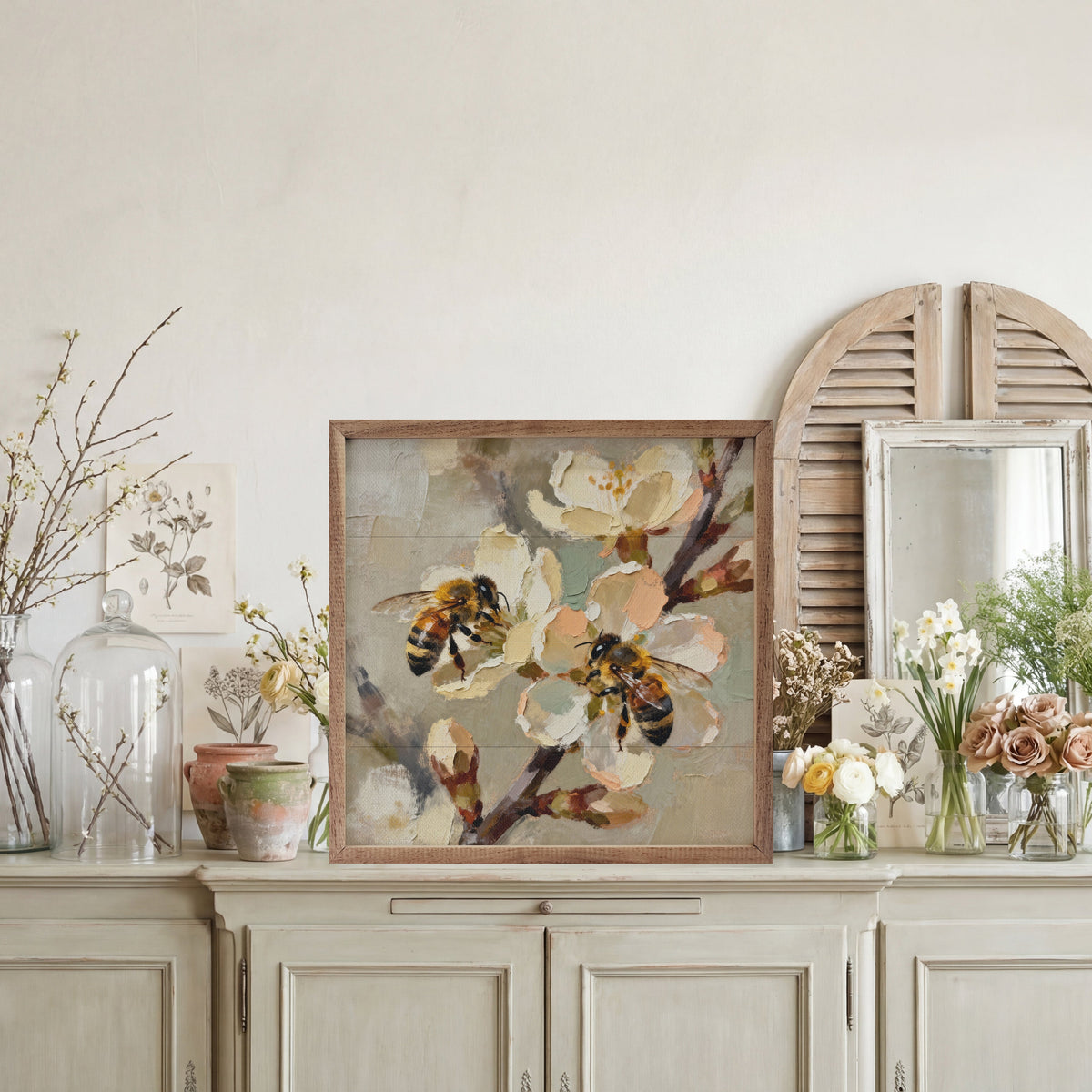 Walnut frame with Two Busy Bees Flower Buds artwork by Kendrick Home, featuring detailed flower and bee illustrations in a 16x16 size.