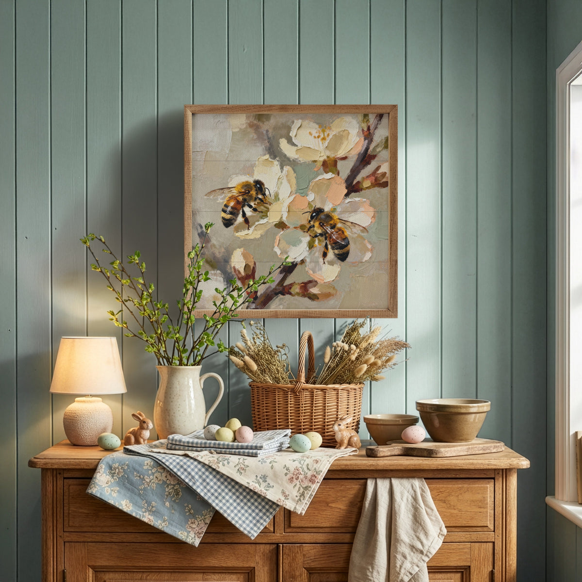 Walnut frame with decorative Two Busy Bees Flower Buds design by Kendrick Home, close-up of intricate floral pattern.