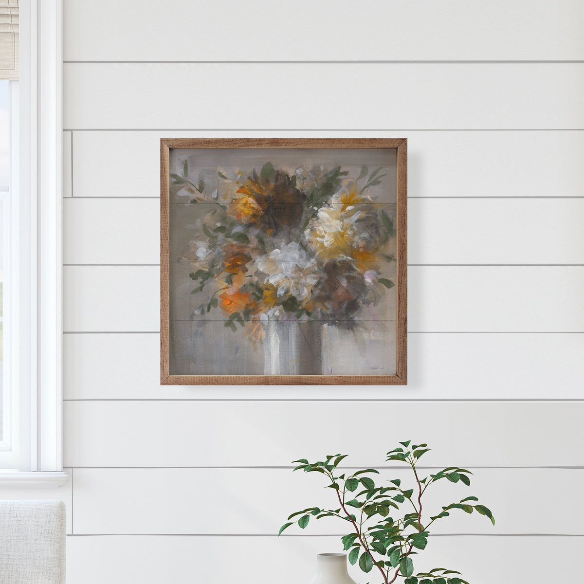 Walnut frame holding a Weekend Bouquet with green accents by Danhui Nai, displayed in a 16x16 inch Kendrick Home artwork.