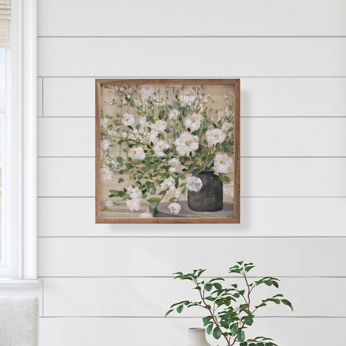 White bouquet gray vase designed by Julia Purinton, displayed on Kendrick Home walnut frame, with a 16x16 background.