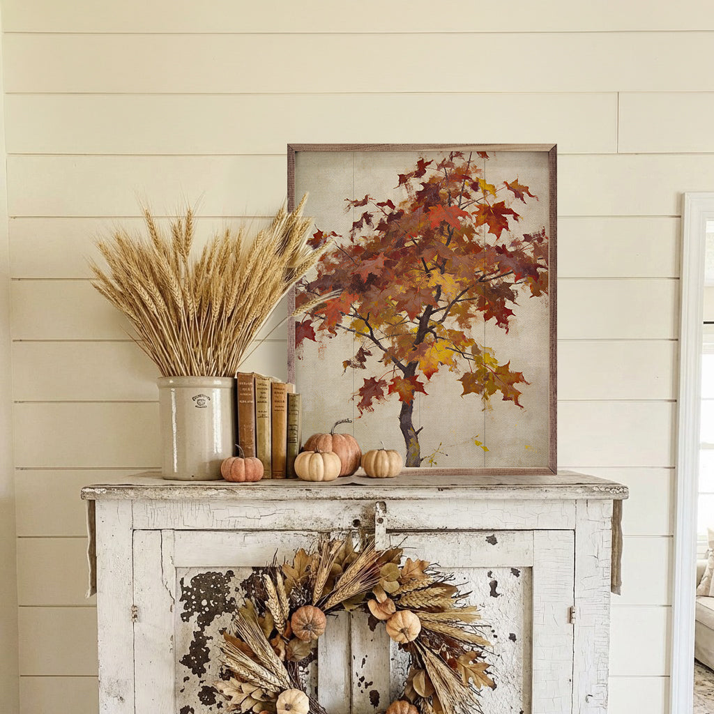 Walnut frame displaying Kendrick Home Autumn Maple Tree study artwork in a 16x20 size, featuring fall foliage and detailed leaves.
