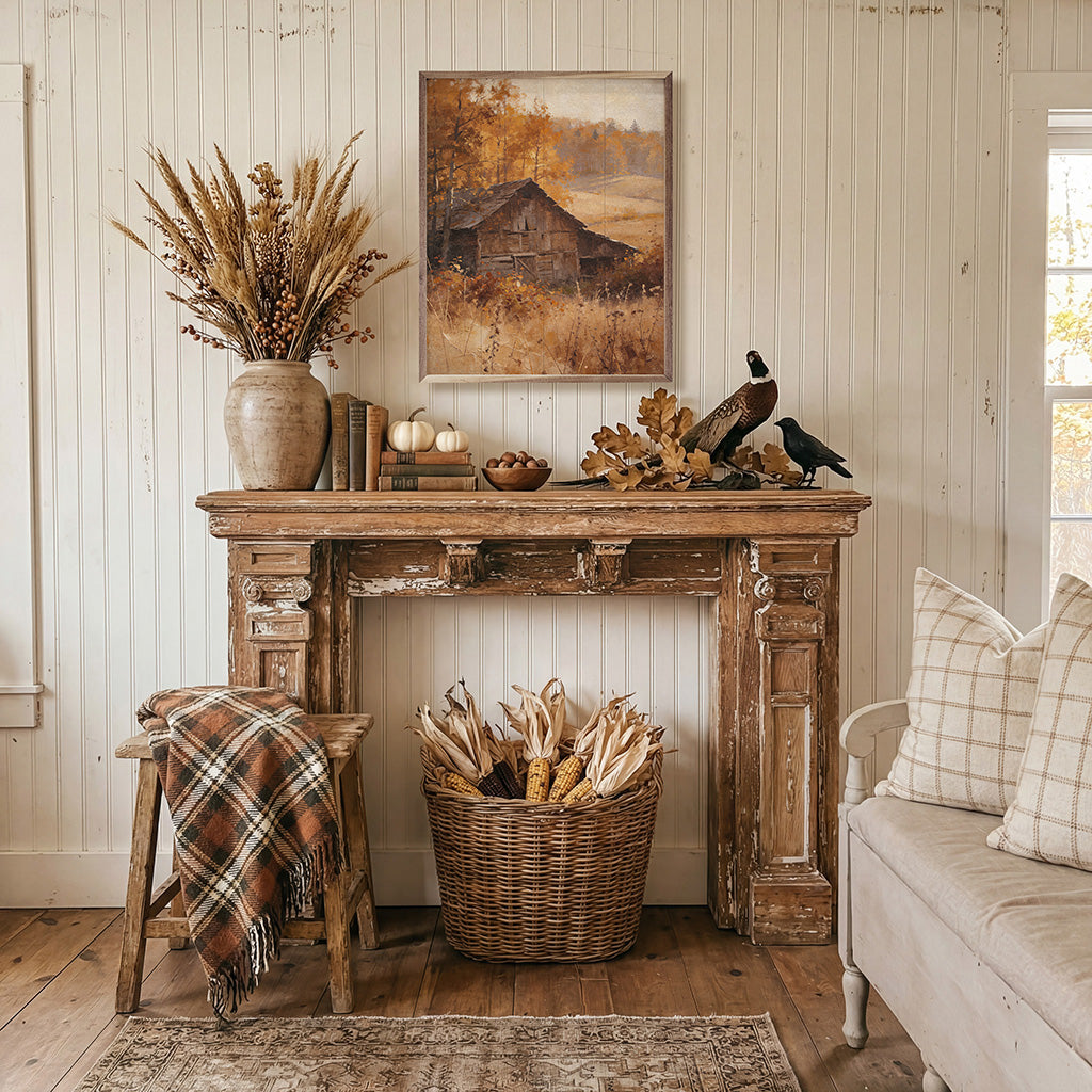 Walnut-framed artwork titled "Barn in Autumn Valley" by Kendrick Home, showing a scenic barn scene in autumn.