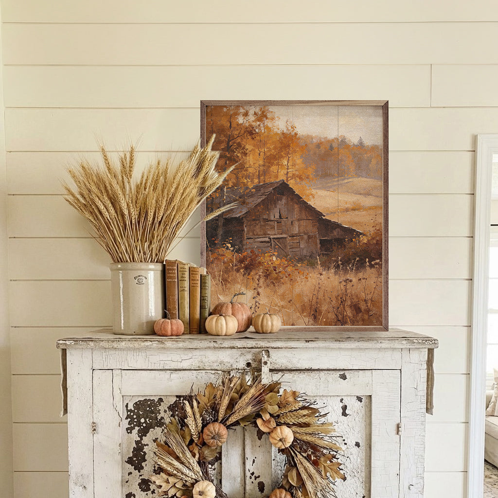 Walnut framed wall art titled "Barn In Autumn Valley" featuring a rustic barn in a colorful autumn landscape.