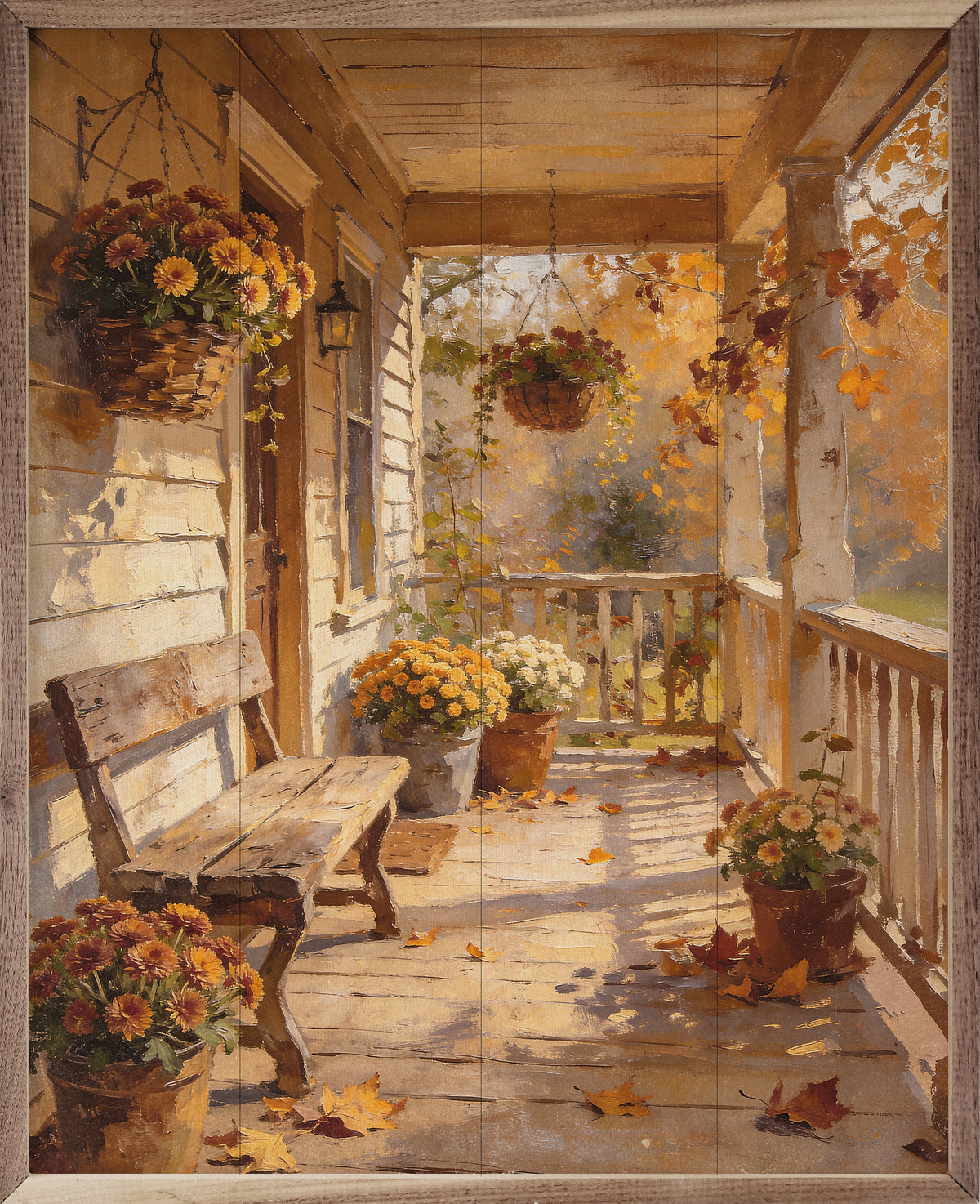 Walnut frame art titled Fall's Front Porch by Kendrick Home showing a cozy autumn porch scene in a 16x20 size.