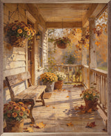 Walnut frame art titled Fall's Front Porch by Kendrick Home showing a cozy autumn porch scene in a 16x20 size.