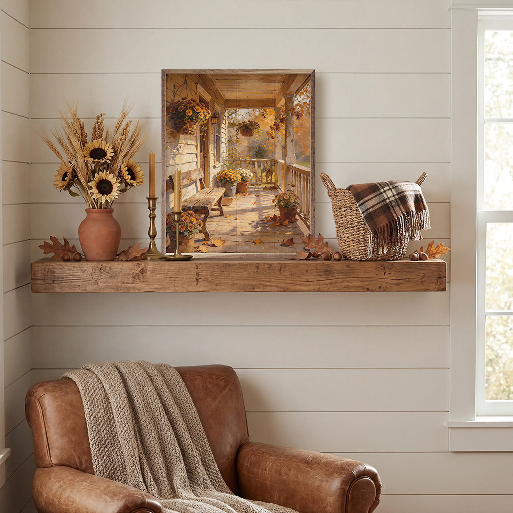 16x20 walnut frame featuring Autumn-themed artwork from Kendrick Home's Fall's Front Porch collection.