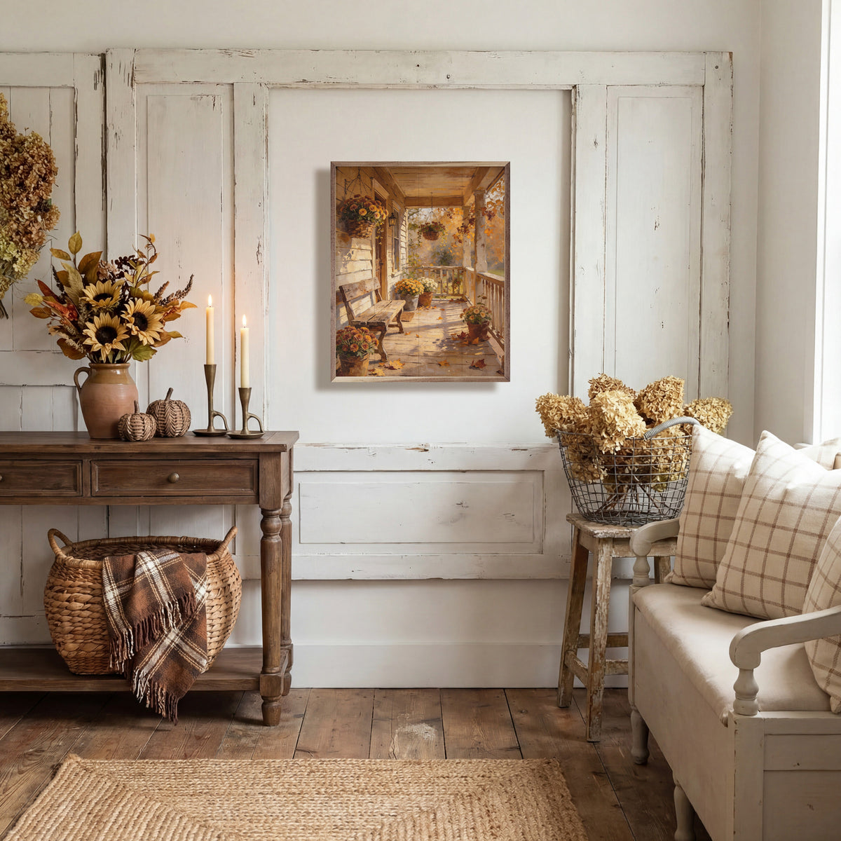 Walnut frame print titled "Fall's Front Porch" by Kendrick Home, 16x20 inch, featuring autumn scene with porch decor.
