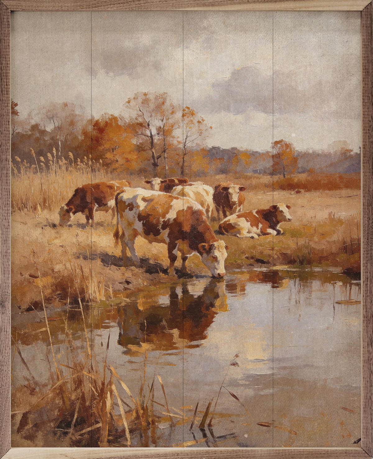 Simmental cattle in autumn landscape framed in walnut frame, 16x20 Kendrick Home wall art print.
