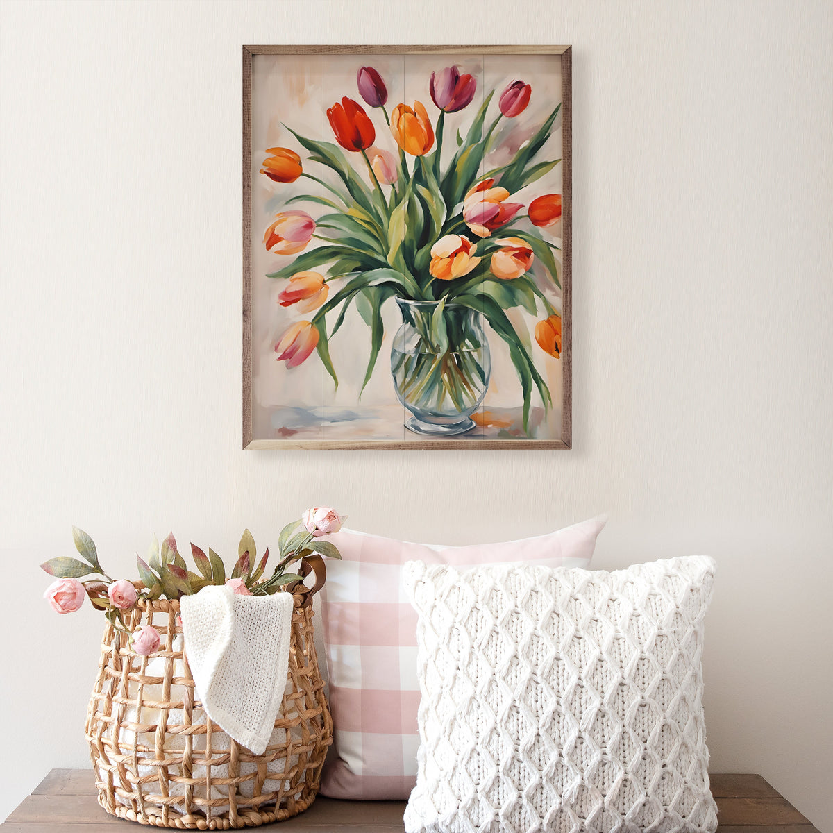 Fresh tulips in a clear glass vase displayed in a walnut frame, perfect for home decor by Kendrick Home.