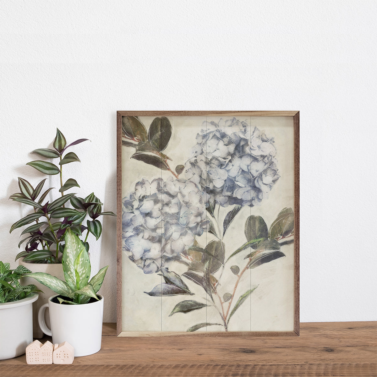 Walnut frame with Twilight Hydrangea 3 artwork by Nina Blue, 16x20 inch size, displayed in a natural setting.