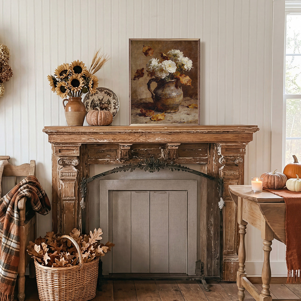 Walnut frame featuring white flowers and beech leaves botanical artwork, 16x20 inches, by Kendrick Home.