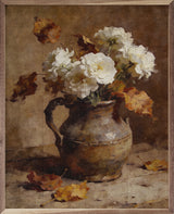Walnut frame featuring white flowers and beech leaves, decorative wall art by Kendrick Home in a 16x20 size.