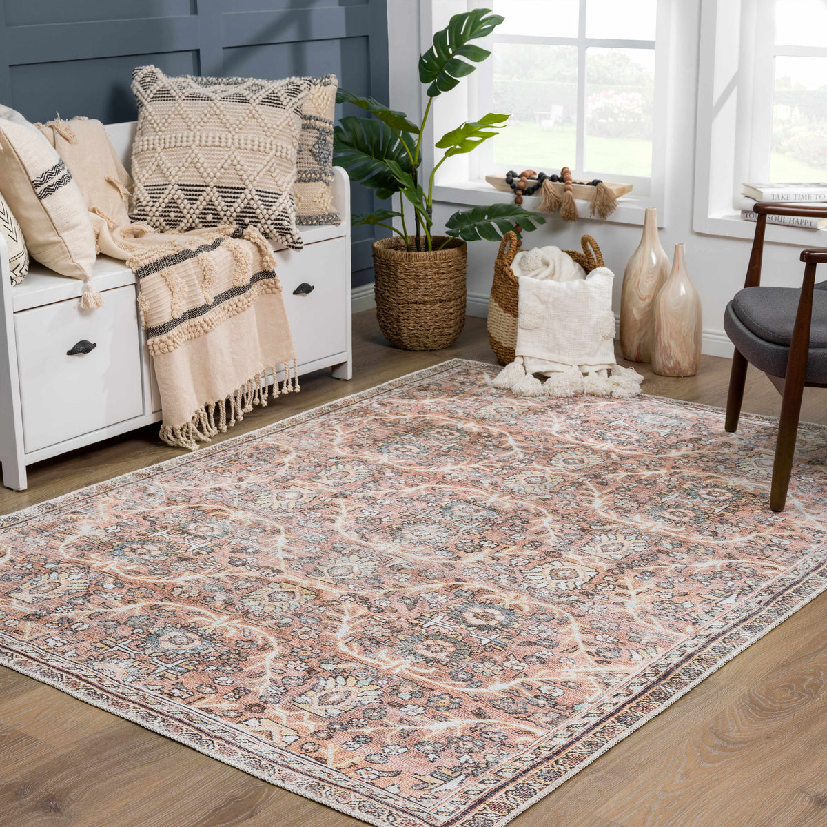 Hauteloom Urpi Rose and Brown washable area rug with floral pattern and soft texture, ideal for living rooms or bedrooms.