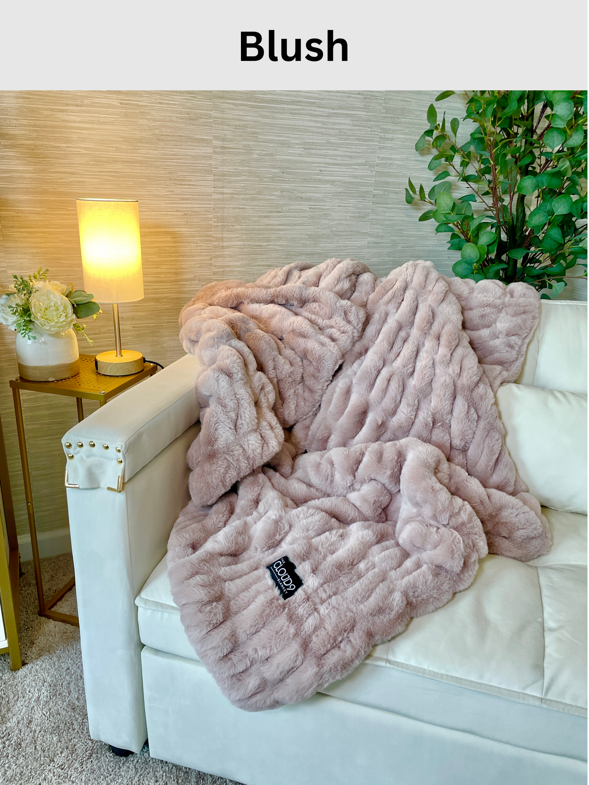 Soft Cloud9 faux fur blanket in medium and large sizes, showcasing plush, textured faux fur for cozy comfort.