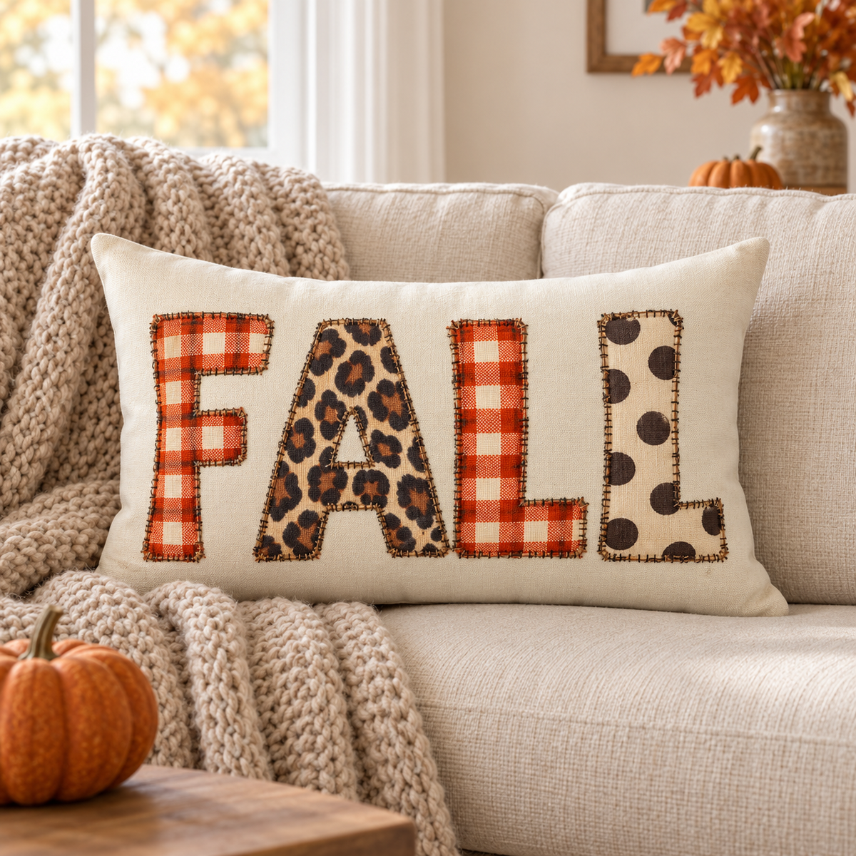 Fall Lumbar Pillow — Rustic Plaid & Leopard Accent Decorative Pillow