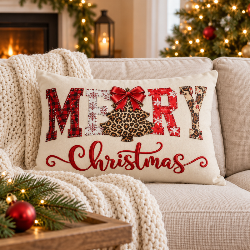 Merry Christmas Leopard Tree Lumbar Pillow