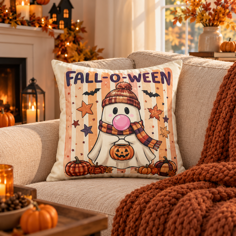 Fall-O-Ween Ghost Pillow — Cute Pumpkin & Knit Hat Halloween Throw Pillow