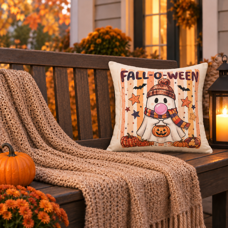 Fall-O-Ween Ghost Pillow — Cute Pumpkin & Knit Hat Halloween Throw Pillow