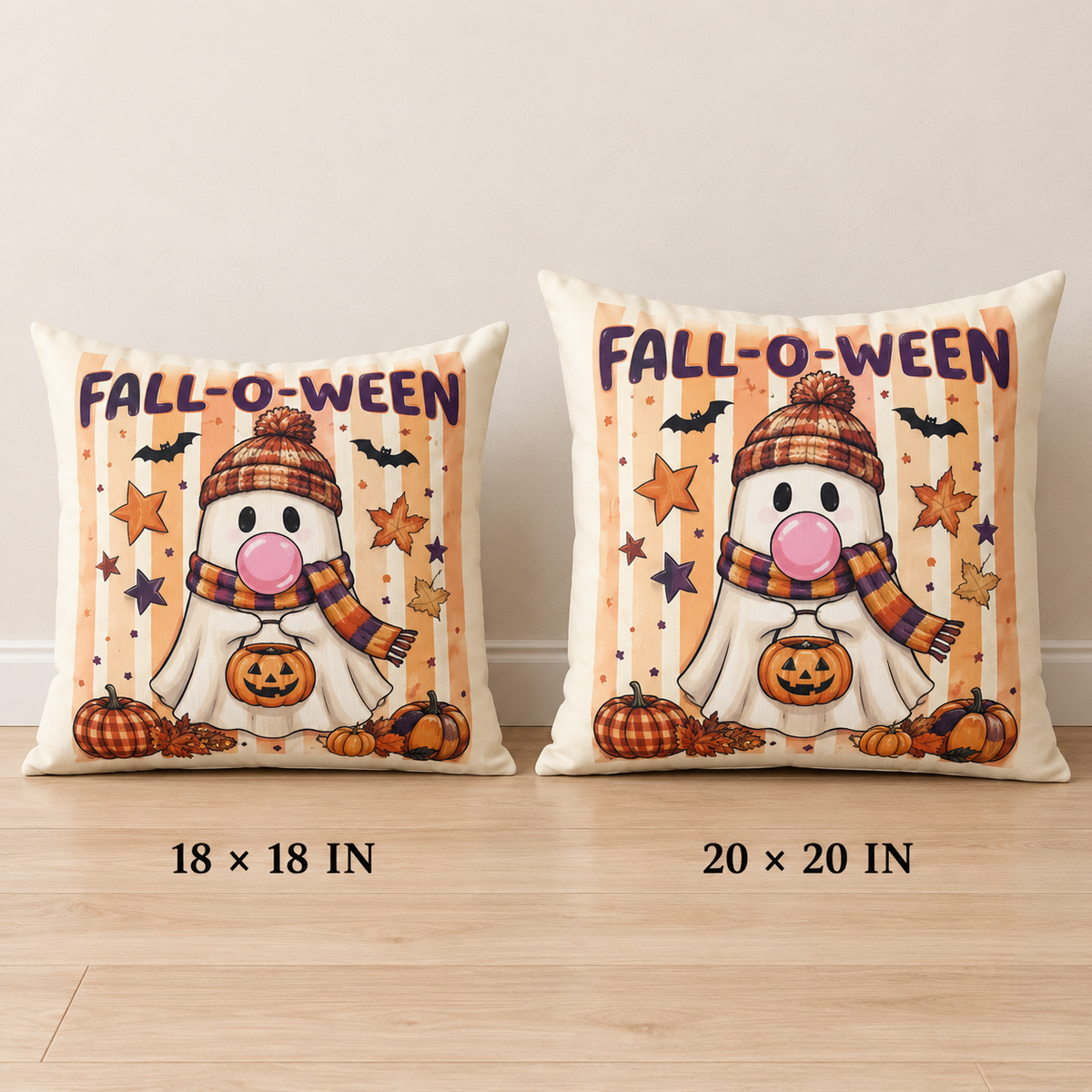 Fall-O-Ween Ghost Pillow — Cute Pumpkin & Knit Hat Halloween Throw Pillow