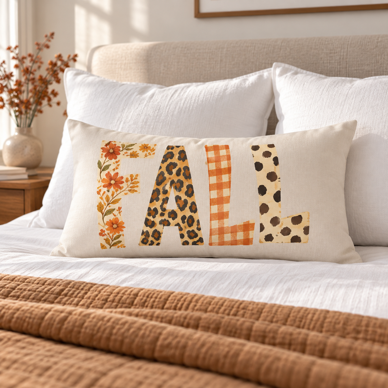 Fall Lumbar Pillow — Autumn Plaid & Leopard Accent Throw Pillow