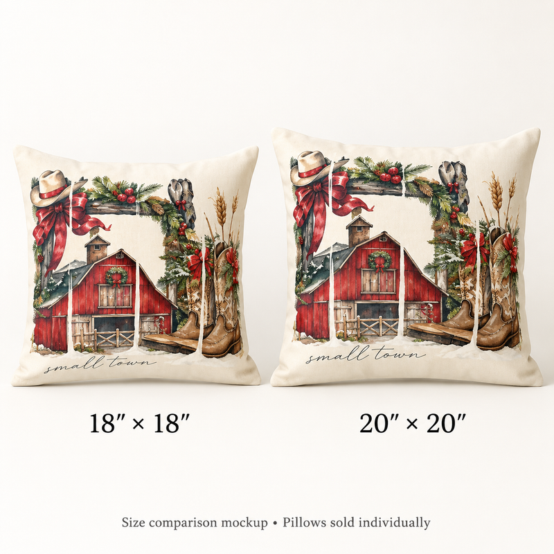 Barn and Cowboy Boots Pillow | Farmhouse Christmas Throw Pillow