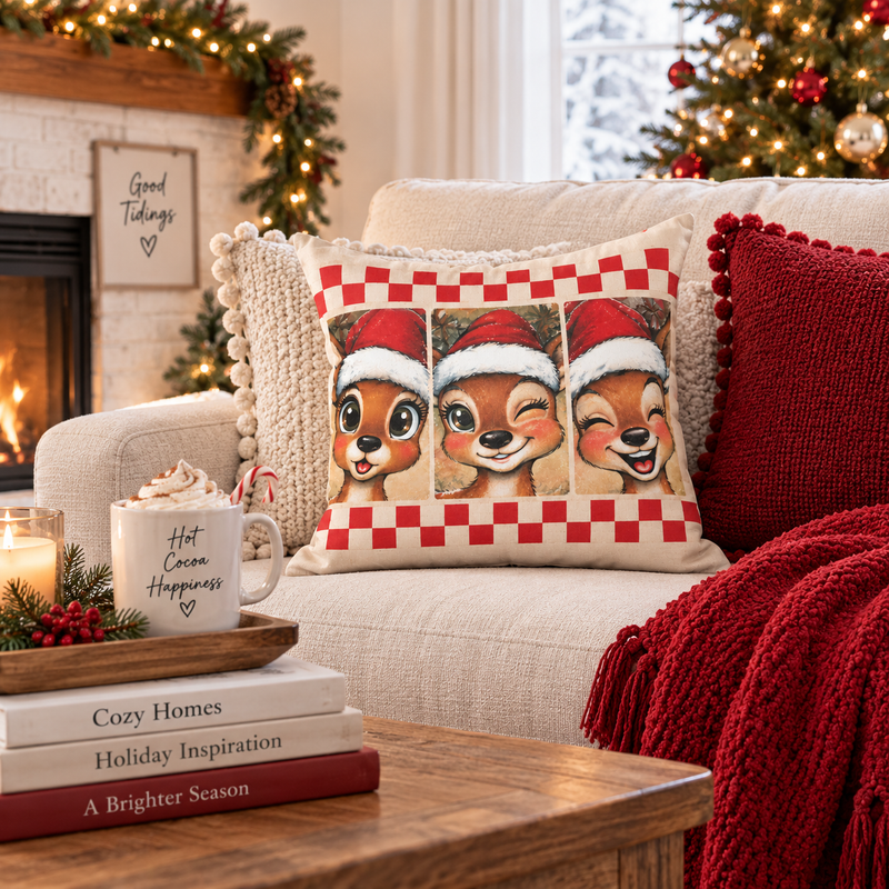 Winking Reindeer Trio Spun Polyester Pillow | Christmas Deer Holiday Decor