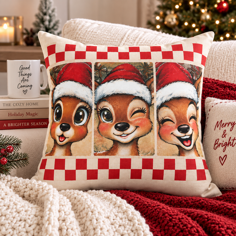 Winking Reindeer Trio Spun Polyester Pillow | Christmas Deer Holiday Decor