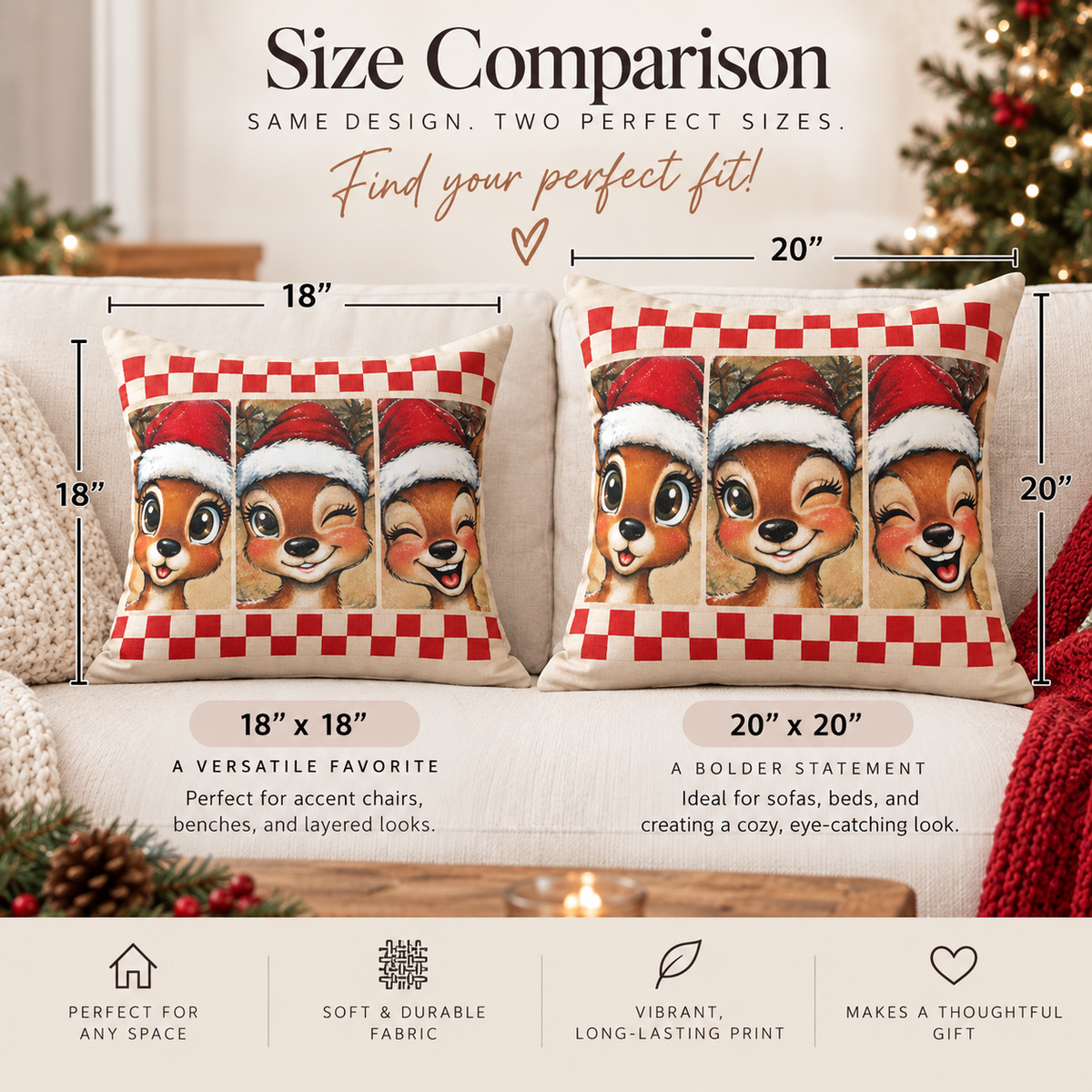 Winking Reindeer Trio Spun Polyester Pillow | Christmas Deer Holiday Decor
