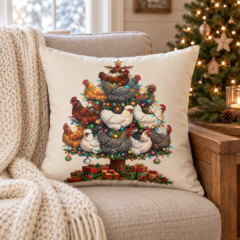 Chicken Christmas Tree Pillow | Holiday Farmhouse Throw Pillow