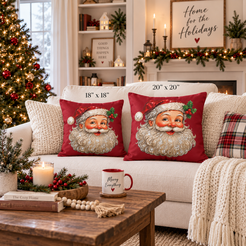Vintage Santa Face Pillow | Christmas Holiday Decorative Pillow