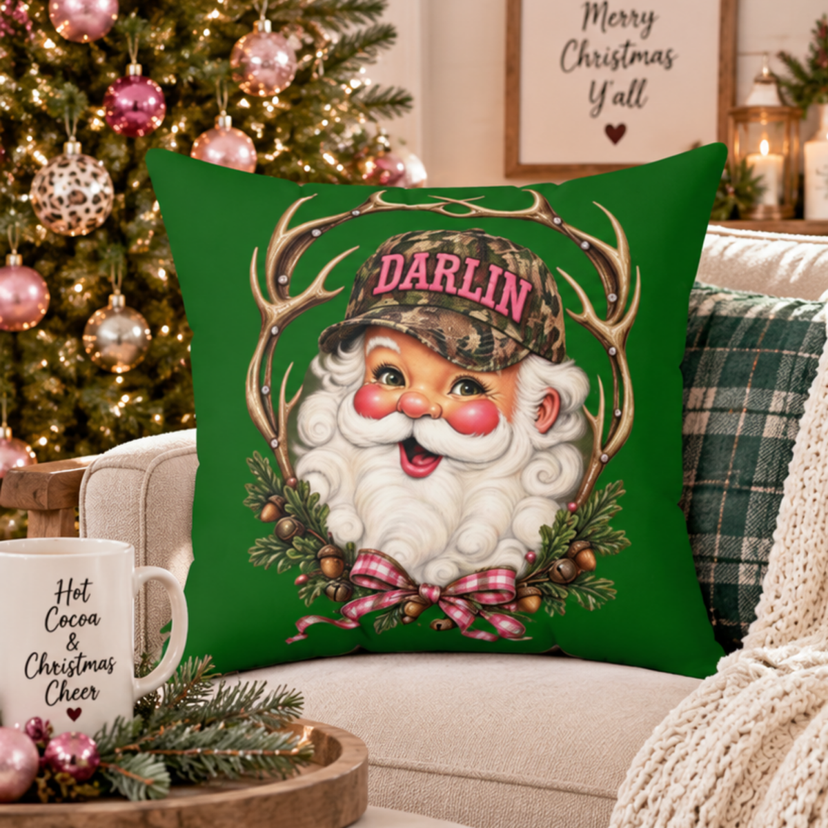 Darlin Santa with Antler Wreath Pillow | Christmas Decorative Throw