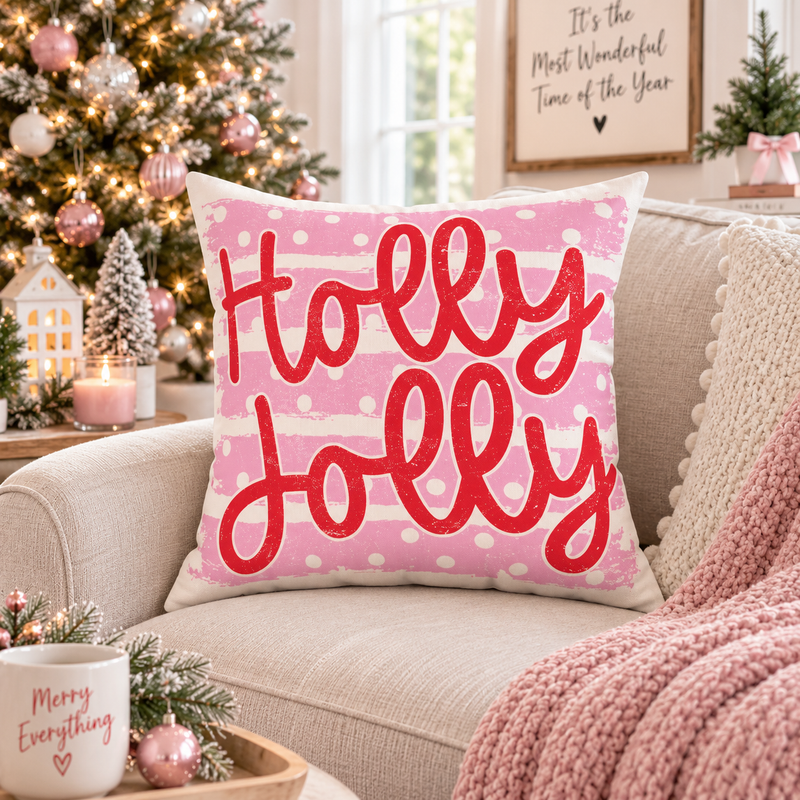 Holly Jolly pillow | Holiday throw pillow, festive pink script