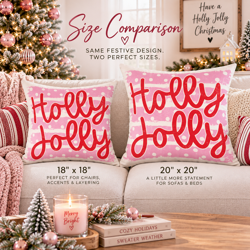 Holly Jolly pillow | Holiday throw pillow, festive pink script