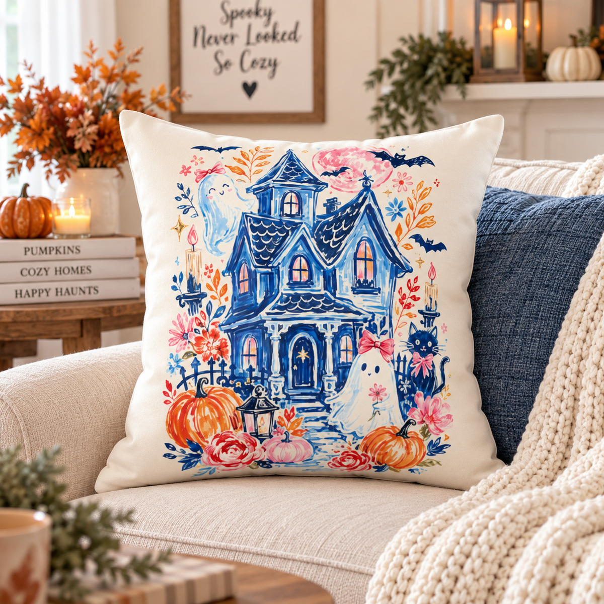 Haunted Cottage Illustration Pillow | Halloween Ghosts, Pumpkins, Floral Accent