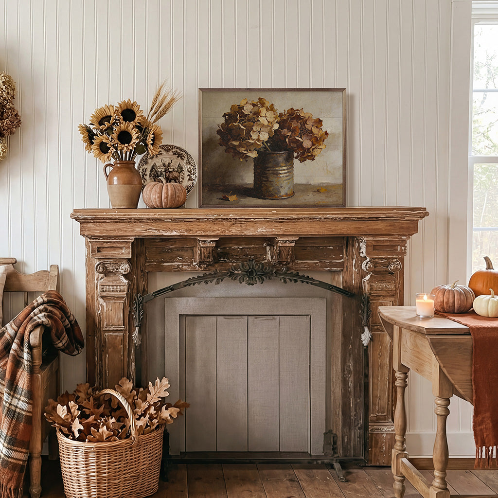 Autumn hydrangeas in rustic tin container displayed in walnut frame, floral arrangement by Kendrick Home.