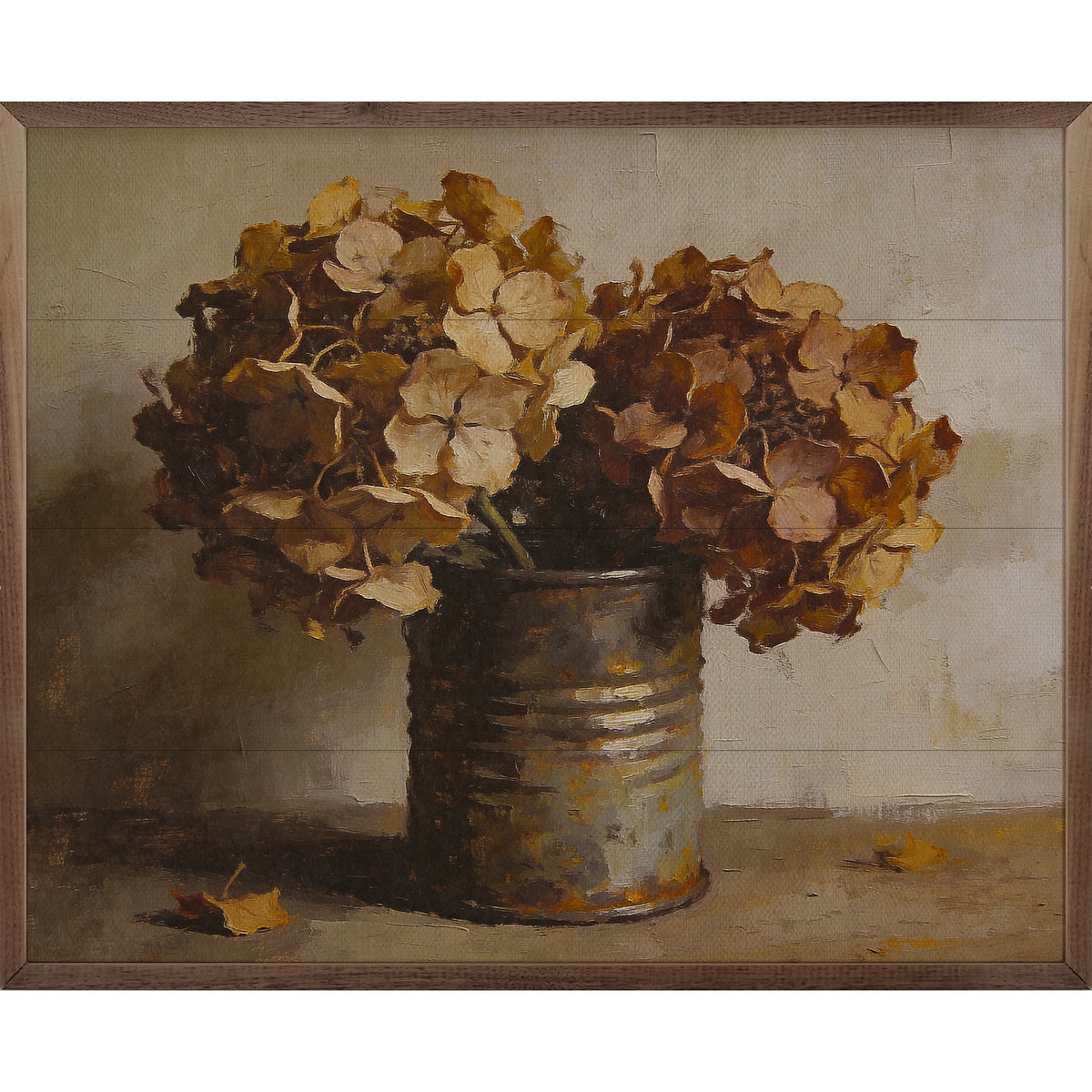 Autumn hydrangeas in rustic tin container with walnut Kendrick Home frame, vibrant fall floral arrangement in a decorative display