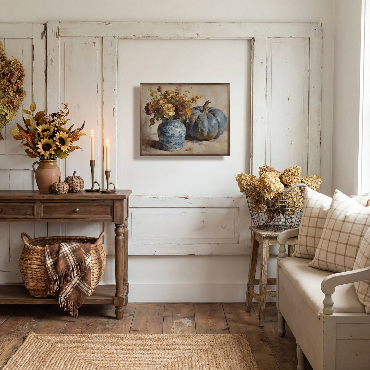 Blue pumpkin and floral arrangement in walnut frame, Kendrick Home wall decor, 20x16 inch art piece featuring autumn-inspired design.