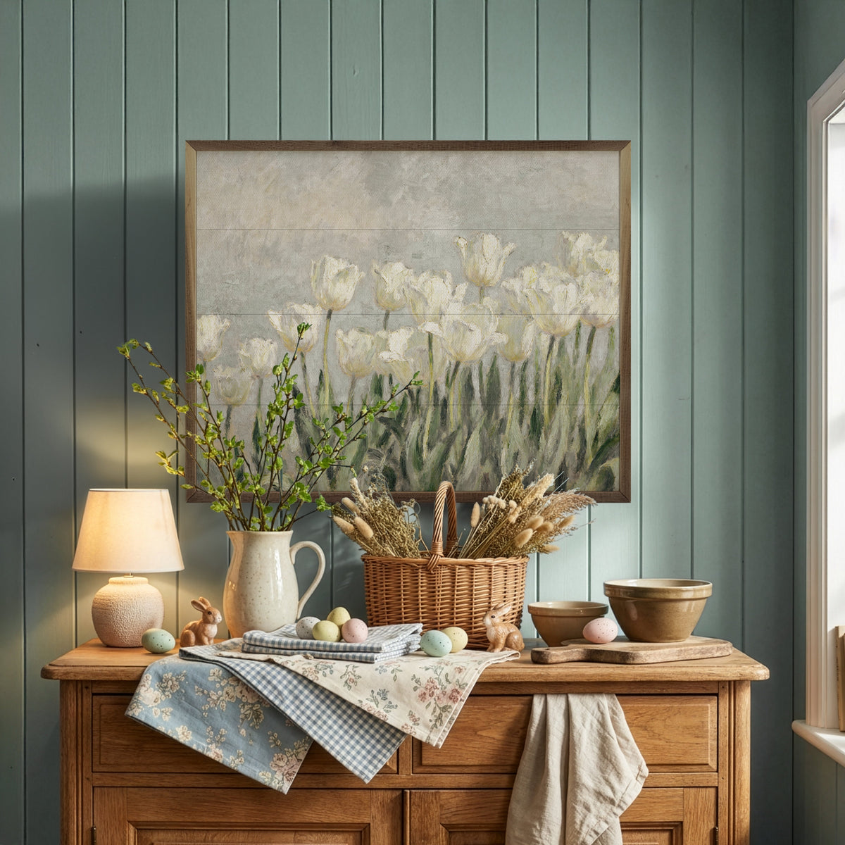 Walnut frame with a Tulips Patch artwork featuring vibrant tulip illustrations, 20x16 inches, by Kendrick Home.