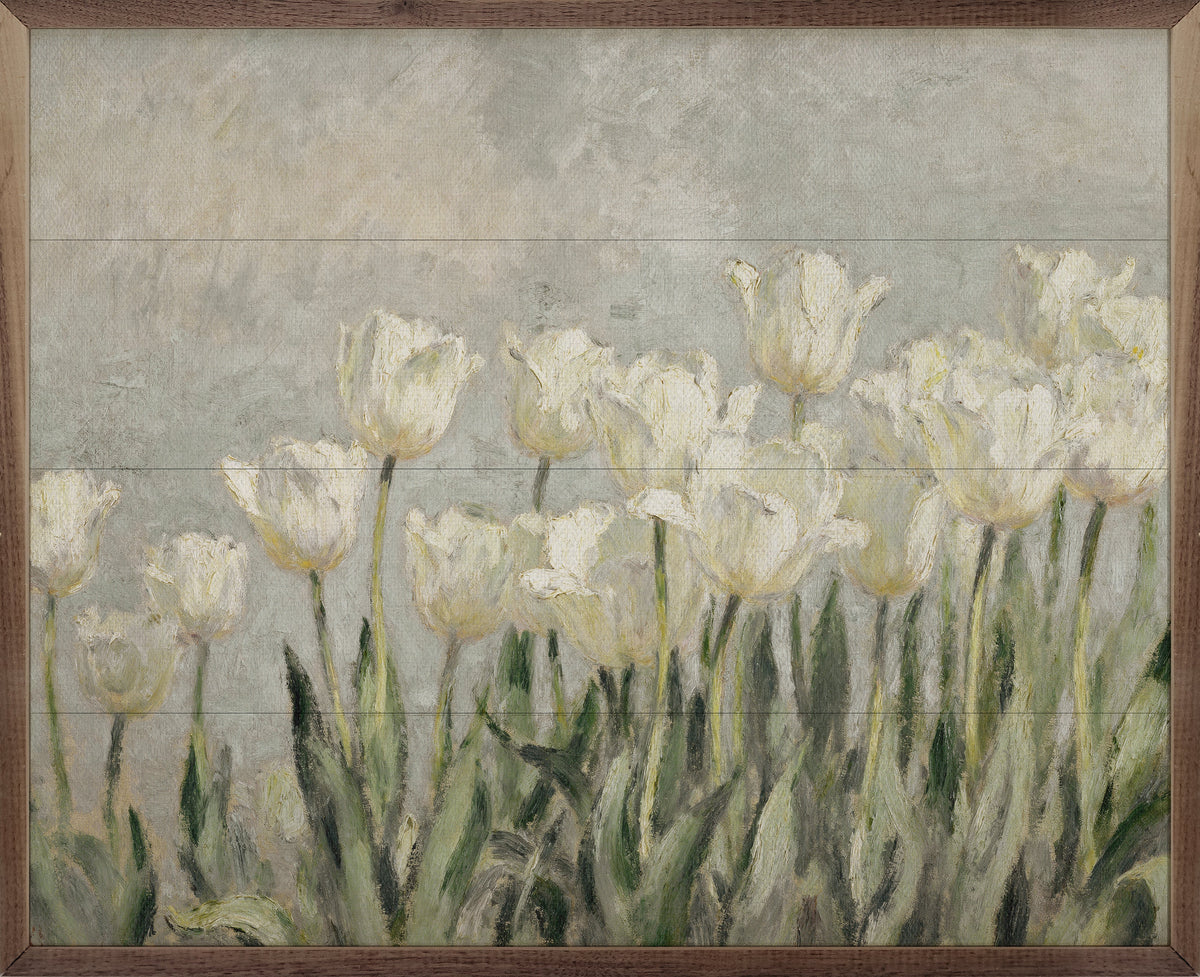 Walnut frame with Tulips Patch artwork by Kendrick Home, 20x16 inches, featuring vibrant tulip design on textured background.