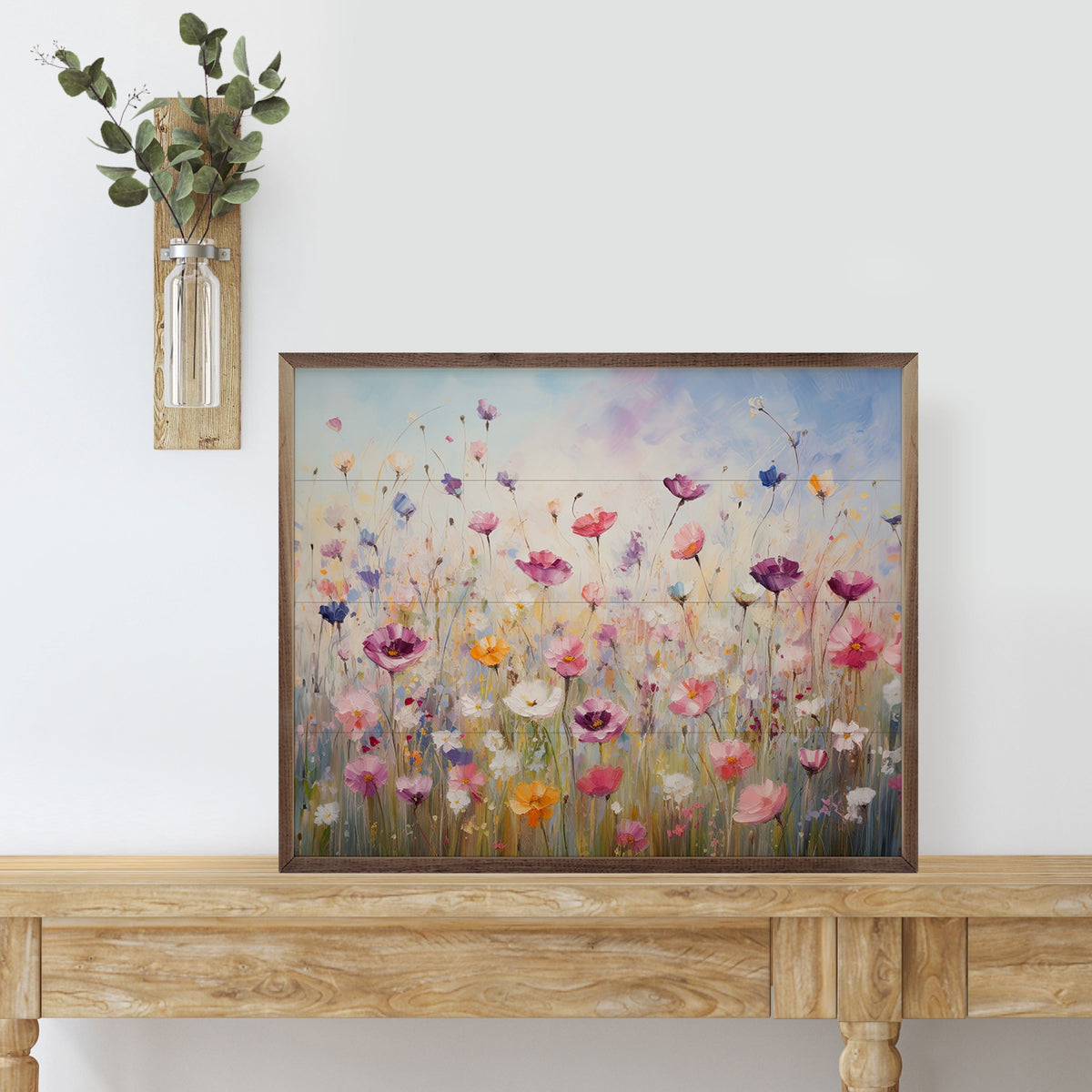 Walnut frame with whimsical wildflowers artwork by Gina Kelly, 20x16 inches, from Kendrick Home.
