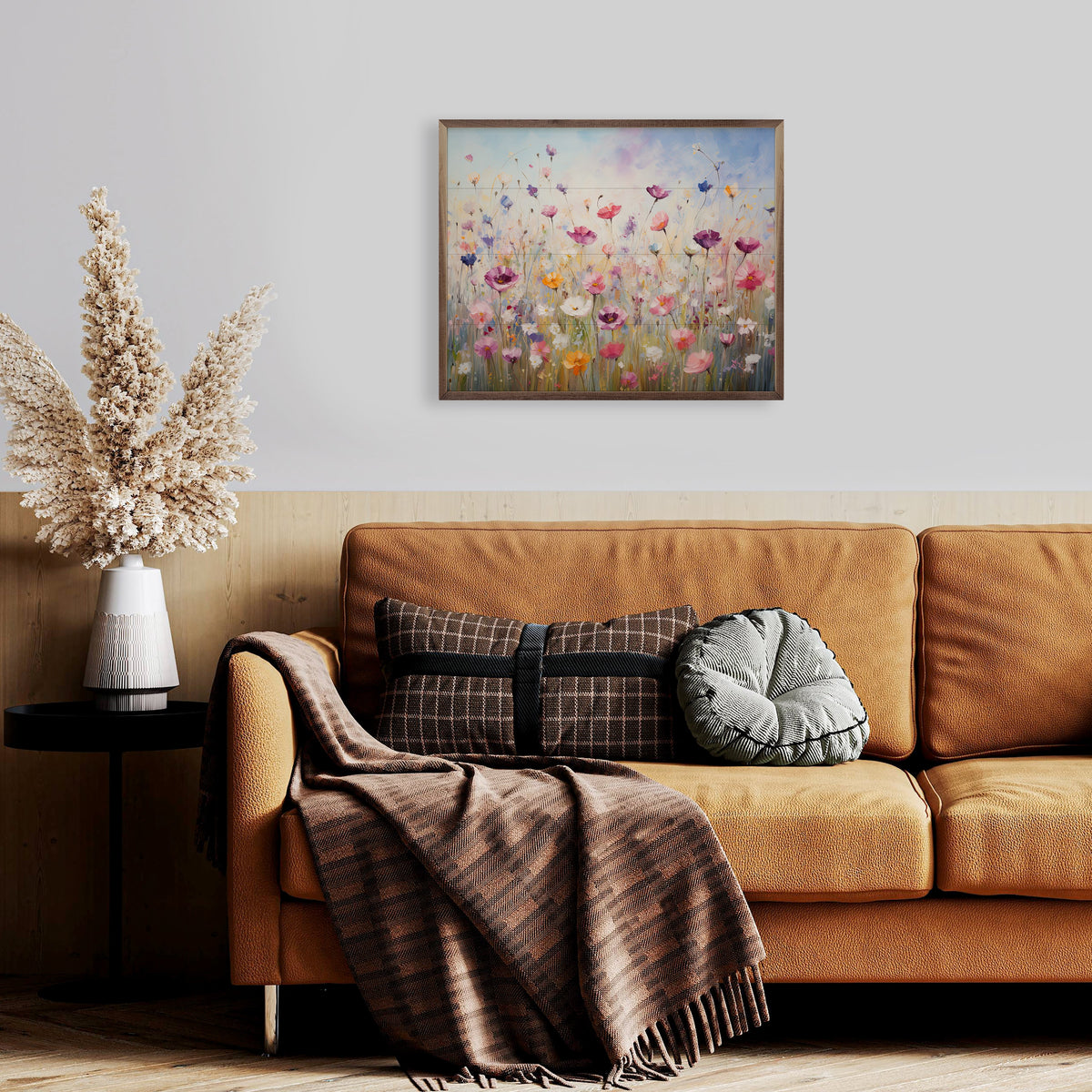 Walnut frame holding "Whimsical Wildflowers" by Gina Kelly, featuring colorful wildflower artwork in a 20x16 size.